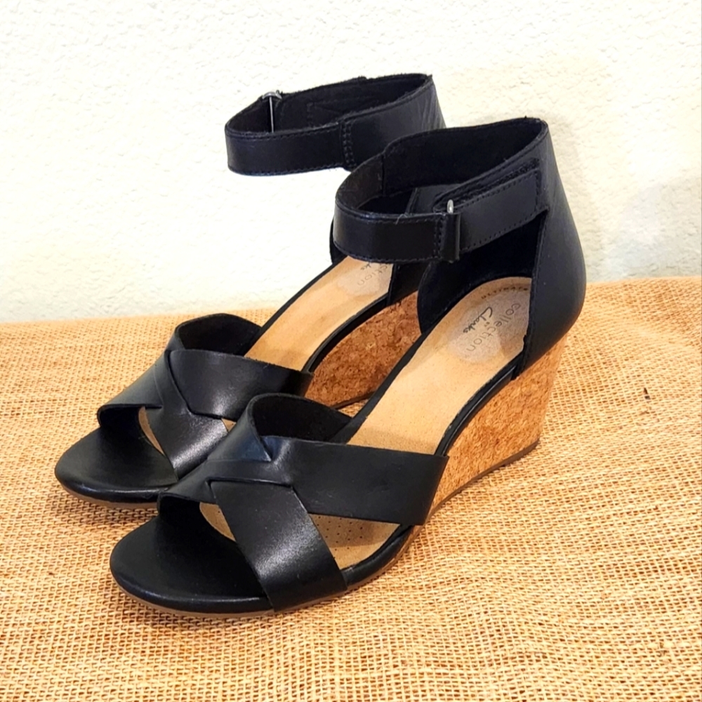 Clarks Margee Gracie Sandal Womens 8.5 Black Leather Cork Wedge Heel Ankle Strap